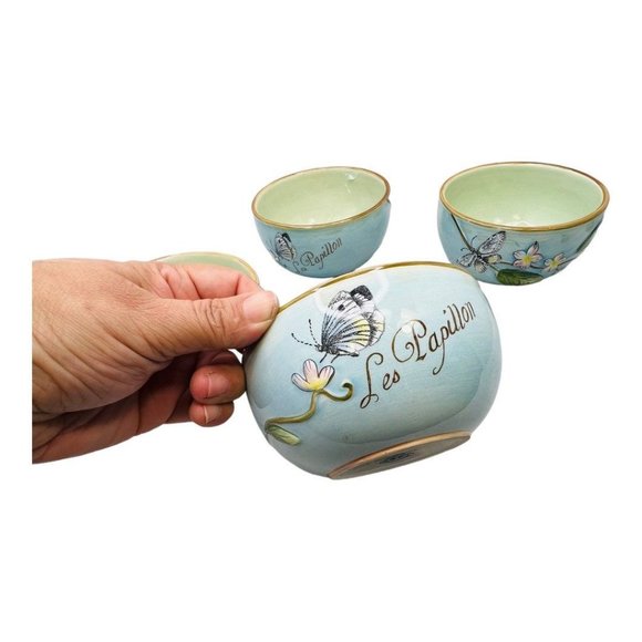 Fitz & Floyd Toulouse Set of 4 Blue Small Bowls Songbirds and Butterflies - Picture 2 of 9